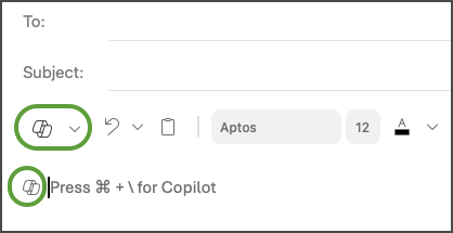 Mac용 Outlook의 Copilot 메뉴 옵션이 있는 초안.