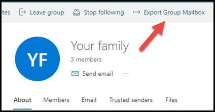 그룹 카드 Outlook.com 화살표가 위쪽을 가리키고 그룹 사서함 내보내기 오른쪽을 가리킵니다.