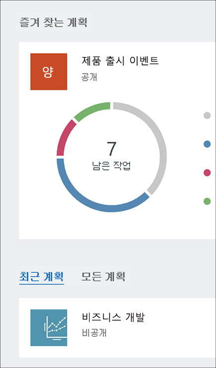Planner 대시보드의 즐겨 찾는 계획 및 모든 계획 섹션 스크린샷