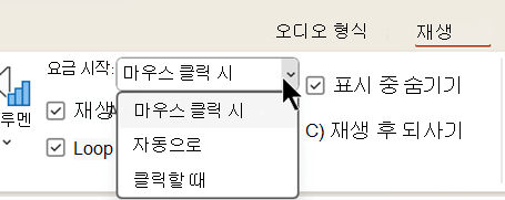 오디오 재생을 시작할 시점에 대한 세 가지 옵션이 있는 오디오 파일의 재생 탭을 보여주는 스크린샷