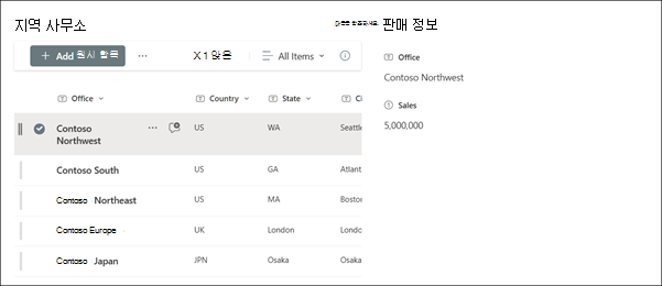 목록 속성 웹 파트와 연결된 목록의 예