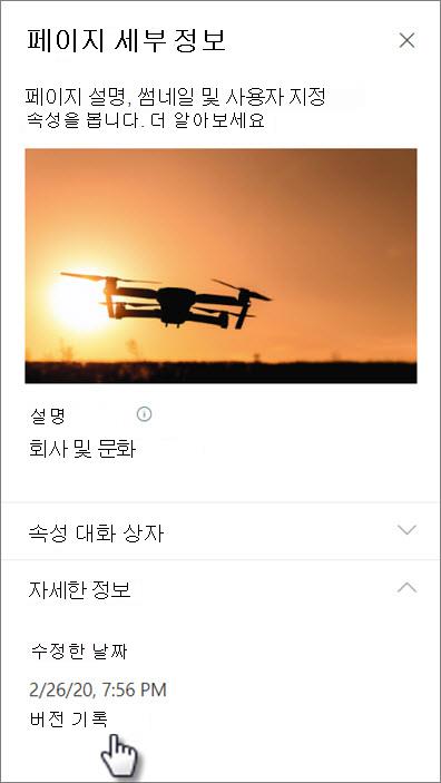 페이지 세부 정보 아래의 버전 기록 링크 스크린샷