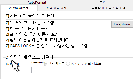 자동 고침 탭에서 입력할 때 바꾸기 확인란