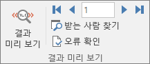Word 우편물 탭의 결과 미리 보기 그룹.