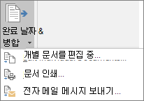 Word 편지 병합의 일부로 메일 탭의 마침 그룹에서 마침 & 병합을 선택한 다음 옵션을 선택합니다.
