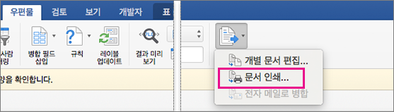 메일 탭에서 병합 & 마침 및 문서 인쇄 옵션이 강조 표시됨