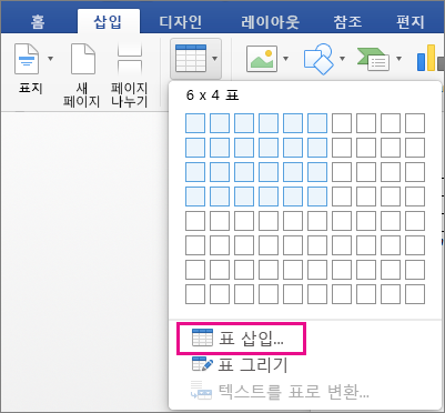 사용자 지정 표를 만들 수 있는 표 삽입이 강조 표시됨