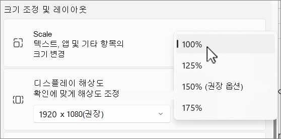 크기 조정 및 레이아웃 옵션 스크린샷.