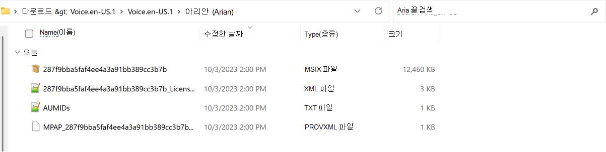 음성 패키지 추출 폴더의 스크린샷.