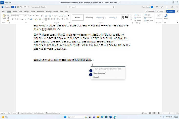 맞춤법 검사 창이 Word 응용 프로그램 위에 떠 있으며, 빈 텍스트 상자와 키보드를 표시하거나 숫자 레이블로 취소할 수 있는 옵션이 있습니다.