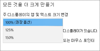 드롭다운 메뉴가 확장된 모든 항목을 더 크게 만들기 옵션을 보여 주는 접근성 설정 아래의 Windows 표시 설정 페이지입니다.