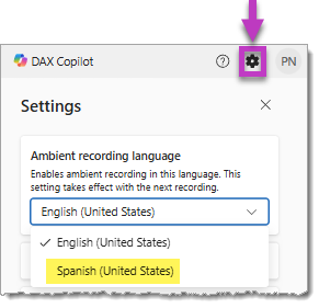 The Ambient recording language list in the Settings screen in DAX Copilot for Epic Haiku or Canto.