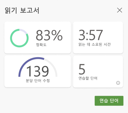 읽기 코치 세션의 데이터 스크린샷으로, 정확도, 읽는 데 걸린 시간, 분당 올바른 단어, 연습할 단어 수가 표시됩니다.