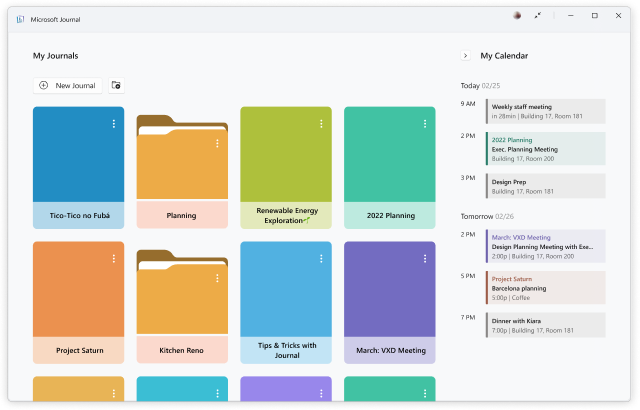 Microsoft Journals 홈 화면의 화면 캡처.