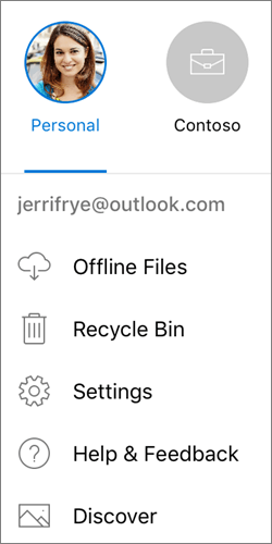 iOS의 OneDrive 앱에서 계정 간 전환하는 모습의 스크린샷