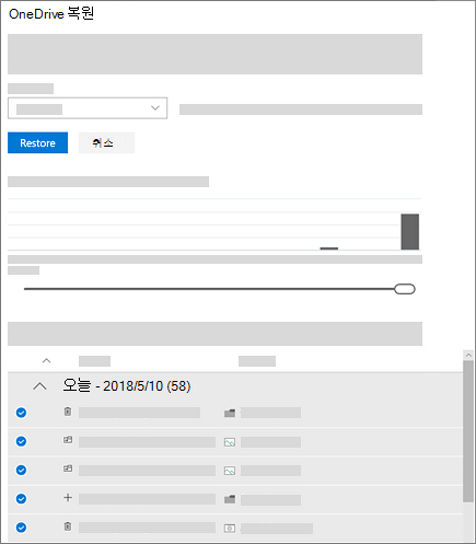 OneDrive 복원에서 활동을 선택하기 위한 활동 차트와 활동 피드 사용 스크린샷