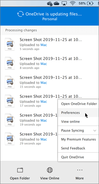 OneDrive 개인 기본 설정을 설정하는 스크린샷