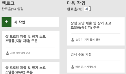 완료율에 숫자 50을 입력하는 커서가 있는 작업 보드의 스크린샷