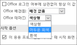 Office 테마 풀다운 메뉴, 색상형, 어두운 회색, 흰색 테마 옵션