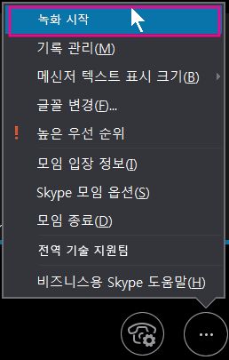 비즈니스용 Skype 모임 중에 기록 시작 클릭
