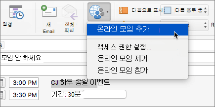 리본에서 온라인 모임 추가가 선택된 모임 요청의 스크린샷