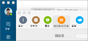 오디오/비디오 창이 선택된 비즈니스용 Skype 기본 설정 화면의 스크린샷