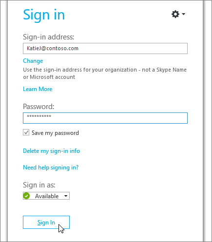 비즈니스용 Skype 로그인 화면에서 암호를 입력할 위치를 보여 주는 스크린샷