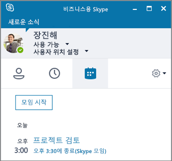 비즈니스용 Skype 창의 모임 탭 스크린샷.