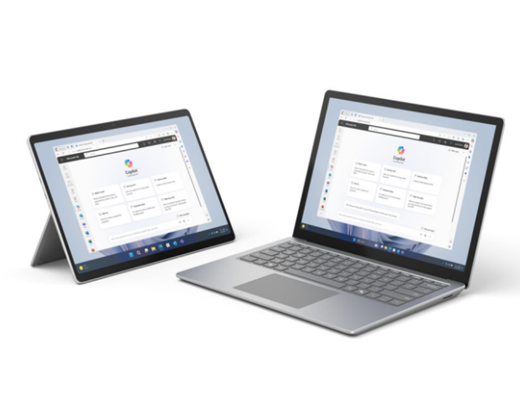 화면의 M365에서 코필로트와 마주보고 있는 화면이 있는 킥스탠드의 Surface Laptop 6 및 Surface Pro 10 스크린샷.