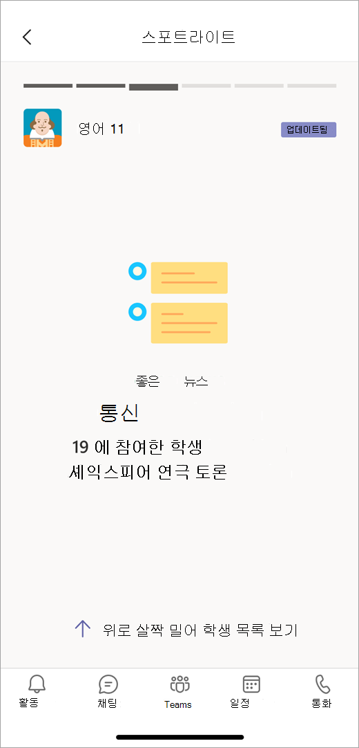 모바일 보기에서 Insights의 커뮤니케이션 데이터 스포트라이트는 교사에게 19명의 학생이 셰익스피어 토론에 참여했음을 보여 줍니다.