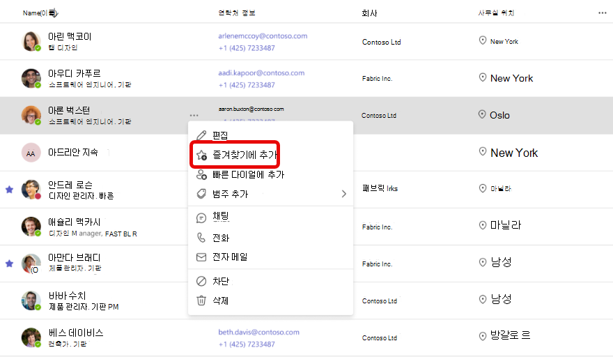 Teams의 People 앱에서 즐겨찾기에 추가하는 스크린샷