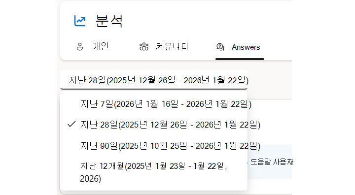 답변은 라이선싱이 지원하는 경우 사용자 지정 범위를 포함하여 날짜 범위를 기준으로 필터링할 수 있습니다.
