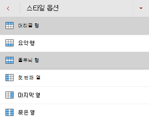 Android용 PowerPoint 스타일 옵션 메뉴에서 선택한 머리글 행 확인란입니다.