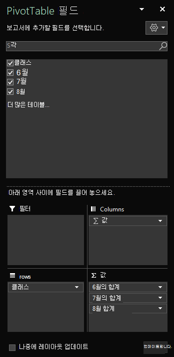 선택한 테이블 필드를 보여 주는 Windows용 Excel에서 피벗 테이블 필드 창이 열립니다.