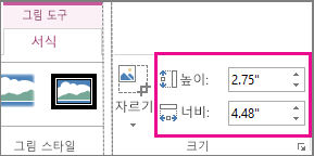 그림 도구 > 서식 탭의 높이 및 너비 상자