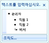 관리자, 하위 및 도우미 셰이프에 대한 글머리 기호를 표시하는 텍스트 창입니다.