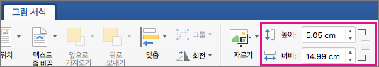 높이 및 너비 상자가 강조 표시된 그림 서식 탭