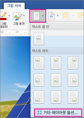 그림 서식 탭에서 강조 표시된 위치 및 기타 레이아웃 옵션