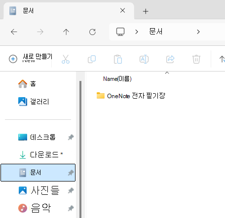 OneNote Notebook 하위 폴더를 보여 주는 문서 폴더입니다.