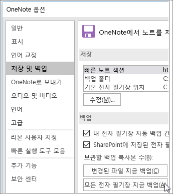 OneNote 2016의 OneNote 옵션 대화 상자 스크린샷