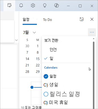 보기 전환을 선택하여 안건 보기 또는 일 보기를 표시합니다. 표시할 일정을 선택할 수도 있습니다.