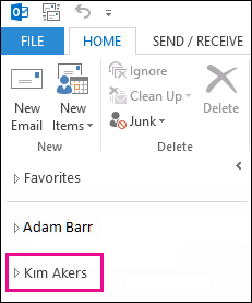 Outlook 2013 폴더 목록에 표시된 공유 폴더