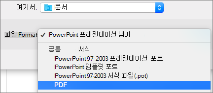Mac용 PowerPoint 2016에서 다른 이름으로 저장 대화 상자의 파일 형식 목록에 있는 PDF 옵션을 표시합니다.