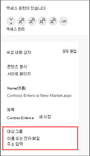 대상 그룹을 입력하는 옵션이 있는 페이지 세부 정보 창