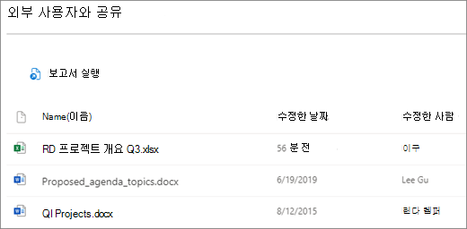 외부 공유 SharePoint 파일의 스크린샷 첫 번째 열 아이콘은 파일 형식이고, 다음 열은 파일 이름이고, 세 번째 열은 파일이 마지막으로 수정된 경우이며, 네 번째 열에는 파일을 마지막으로 수정한 사람이 표시됩니다.