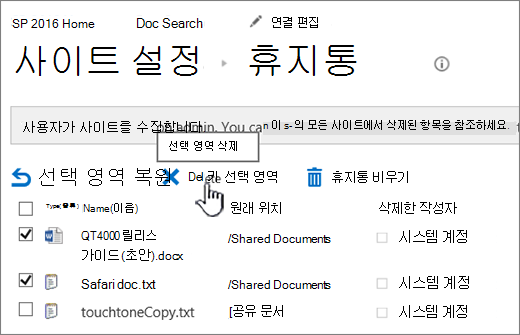 SharePoint 2016 휴지통 페이지 삭제 단추가 강조 표시됨