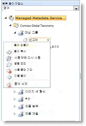 메뉴를 사용하여 용어 집합 내에서 용어를 관리합니다.