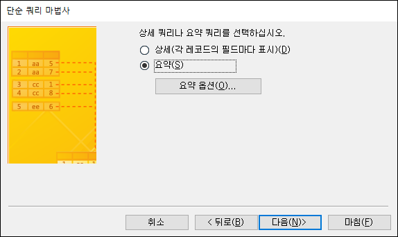 단순 쿼리 마법사 대화 상자에서 상세 또는 요약 선택