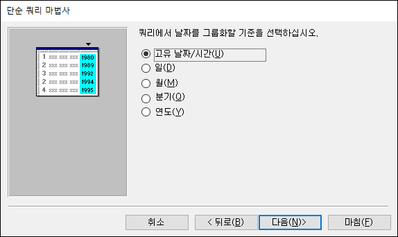 단순 쿼리 마법사 대화 상자에서 쿼리의 날짜를 묶을 방식 선택