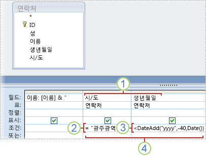 도시명 및 생년월일에 대한 조건